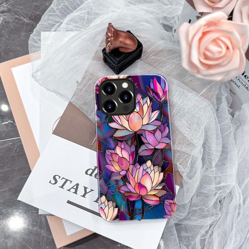 Case for iPhone 15 Pro Max,Glossy Case Cover for Women Girls,Drop Scratch Protective-Stained Glass Lotus Flower - Image 4
