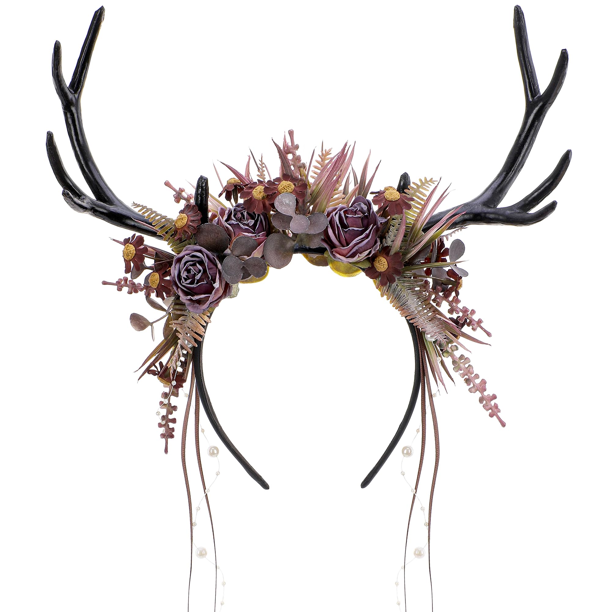 MOSTORY Fairy Antlers Headdress Flowers Headband for Renaissance Costume Women, Dark Reindeer Horns Deer Headwear for Wedding Book Day May Day Carnival Halloween Festival Hair Accessories