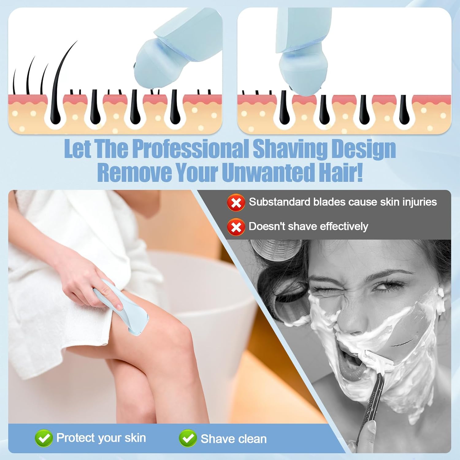 Electric Shaver for Women, 2 in 1 Wet & Dry Silk Glide Pro Shaver with 2 Removable Heads, Rechargeable Electric Razors for Bikini, Pubic Hair, Legs, Body, Blue - Image 6