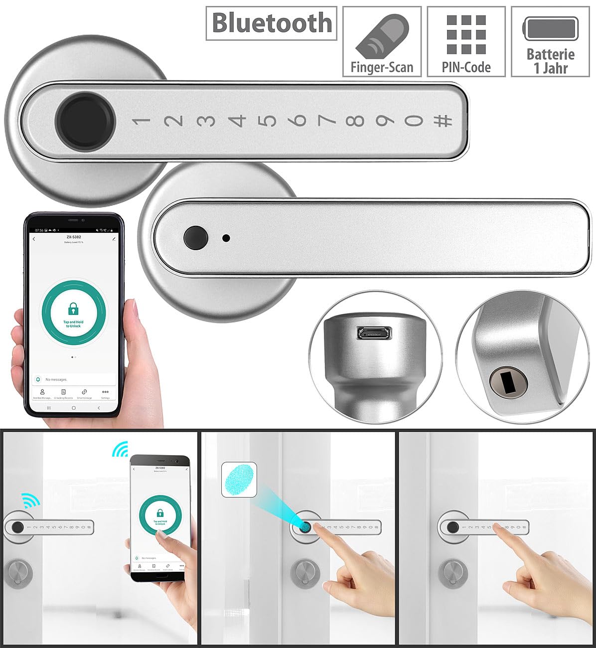 VisorTech Smarte Türklinke: Smarter Sicherheits-Türbeschlag mit Finger-Scanner, PIN & App, silber (Fingerprint Türöffner, Türklinke mit Fingerabdruck, WC)