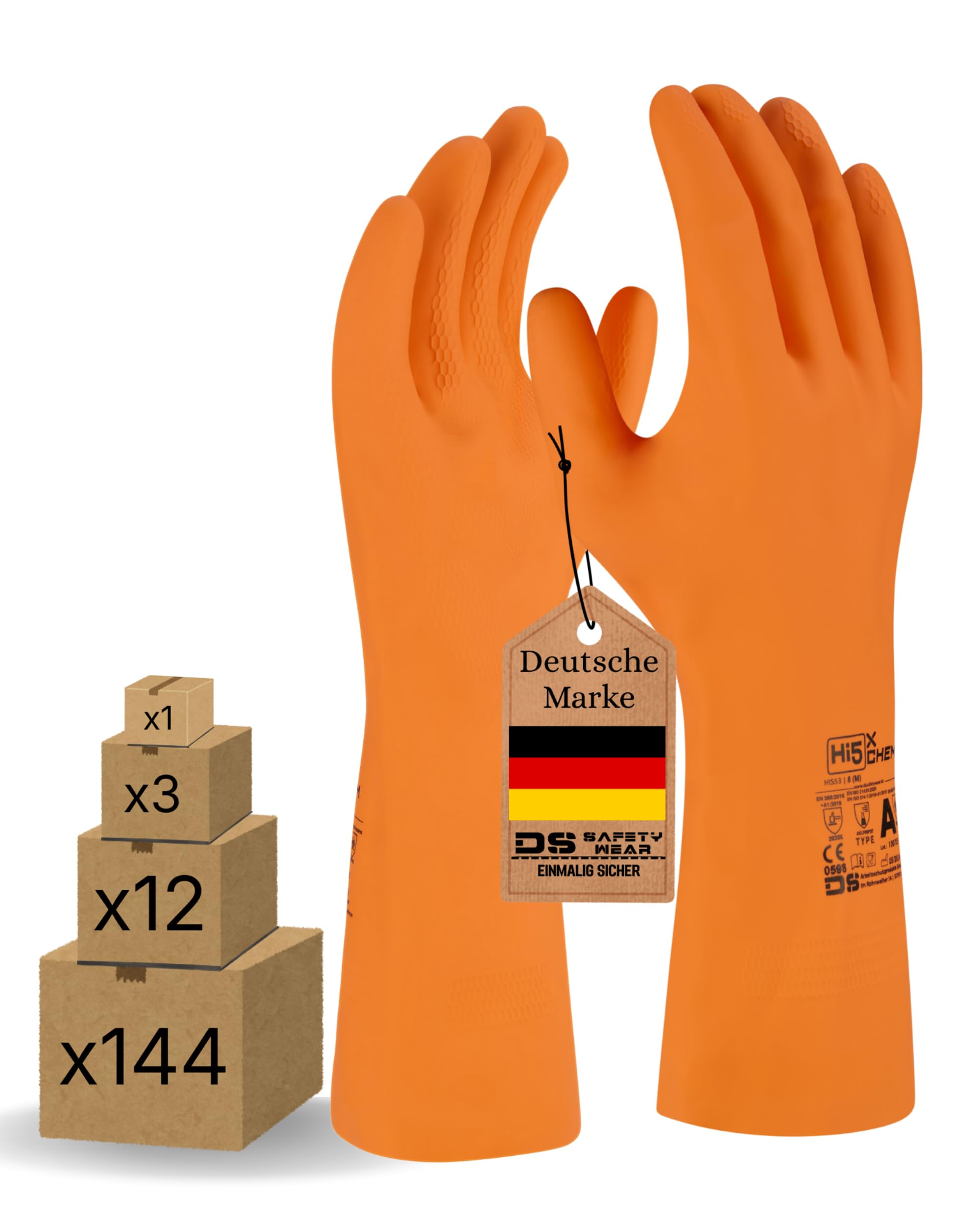 Hi5 X-Chem Chemikalienschutzhandschuhe Typ A – AKLMNPST – Naturkautschuk 0,70 mm – flockgefüttert – Anti-Rutsch – EN 374–1 Typ A & EN 388 – orange (XXL, 12, stück)