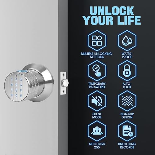 Miniatura 2 de Pomo de puerta inteligente, aleación de zinc Zamak-3 plata, cerradura de perilla de puerta de huellas dactilares con 4 formas de desbloqueo