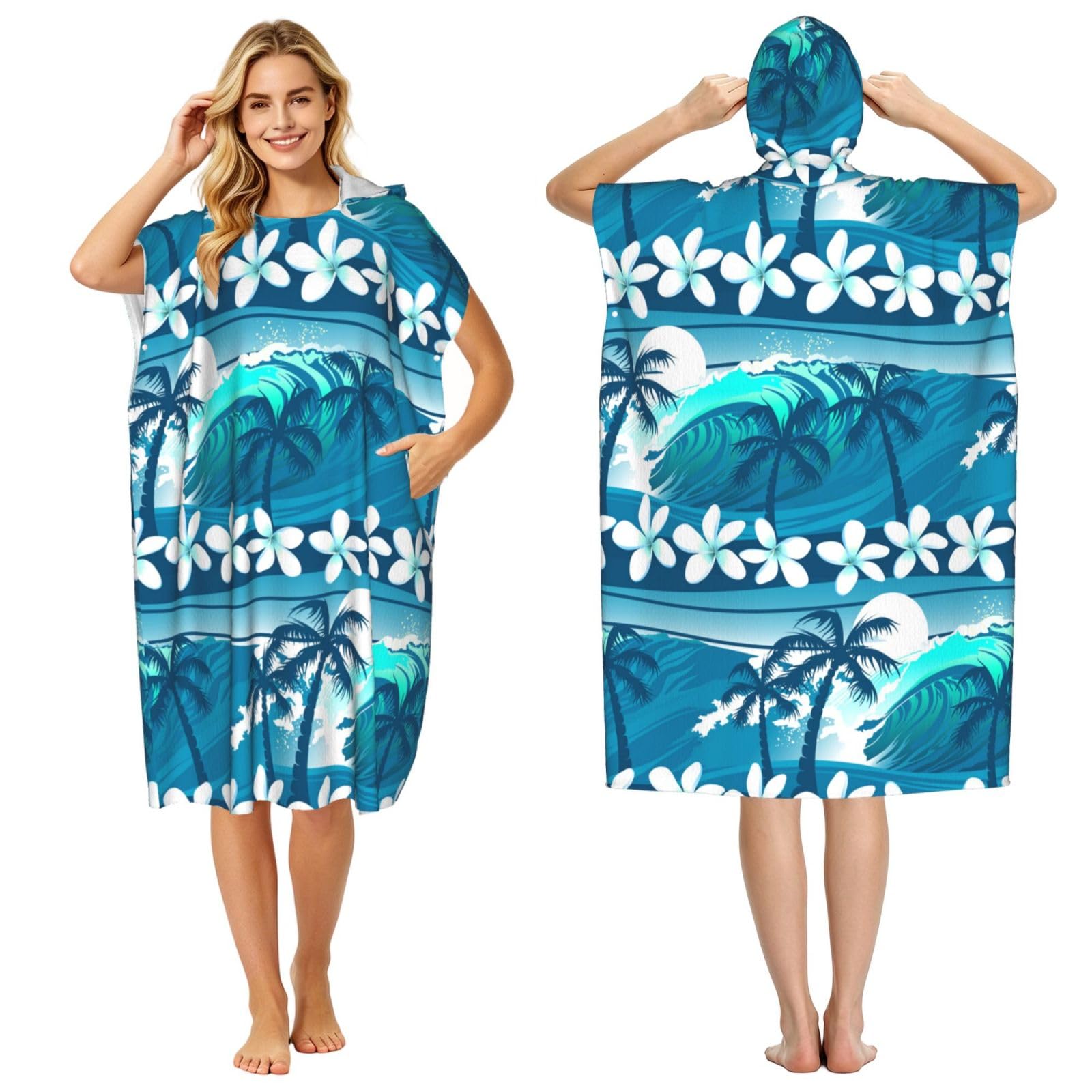 Poadnly Blue Tropical Surfing With Palm Trees, Adult Hooded Beach Towel 90 x 110 cm,Changing Bath Robe, Surf Poncho Towel For Women Men