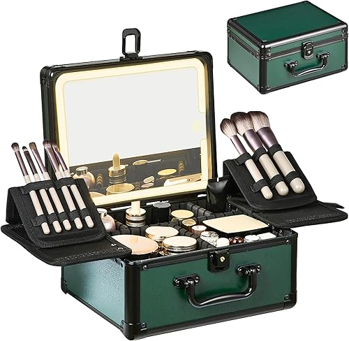 Estuche de maquillaje con espejo iluminado, organizador de caja de maquillaje con espejo LED desmontable, estuche de tren de maquillaje de viaje,