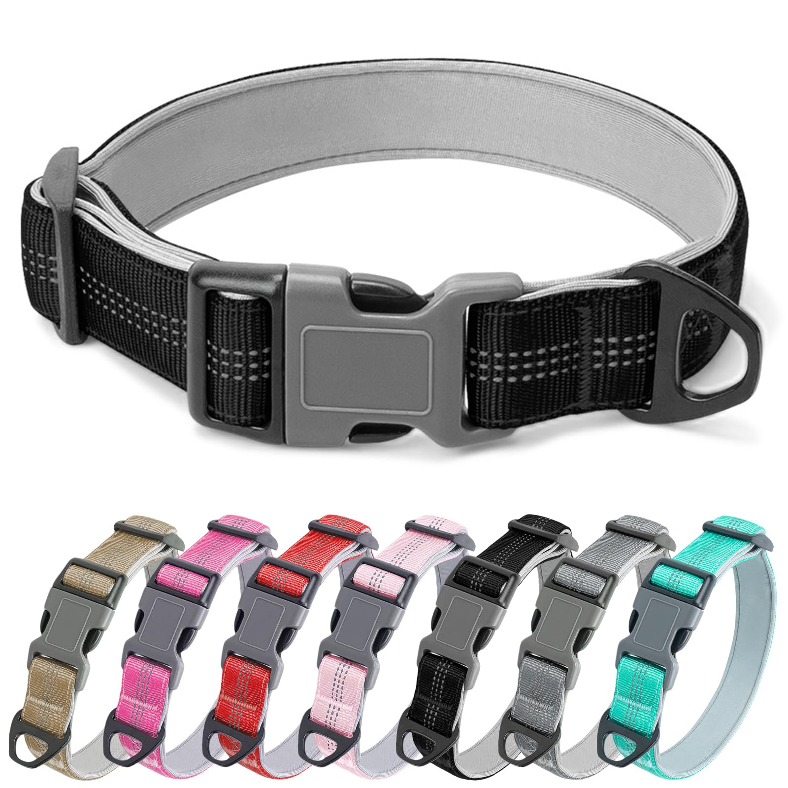 Olcyren Reflective Nylon Dog Collar, Adjustable Soft Padded Dog Collar with Quick Release Buckle, Comfortable Strong Durable Pet Collars for Small Medium Large Dogs Walking (Black, S)