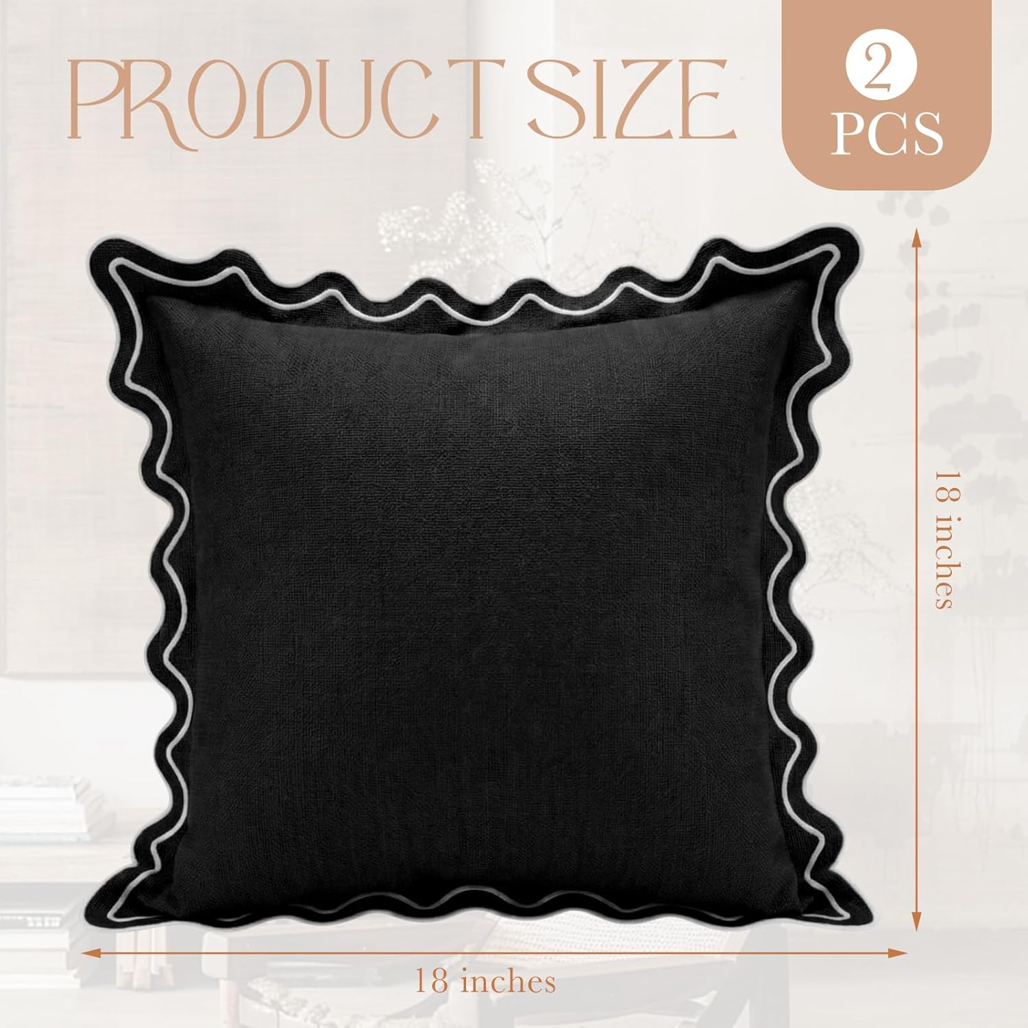 Novabright 2 Pack Outdoor Waterproof Pillow Covers Decorative Farmhouse Garden Pillowcase Scalloped Throw Cushion Cases for Patio Porch Tent Sofa Living Room Decor (Black,18 x 18 Inch)