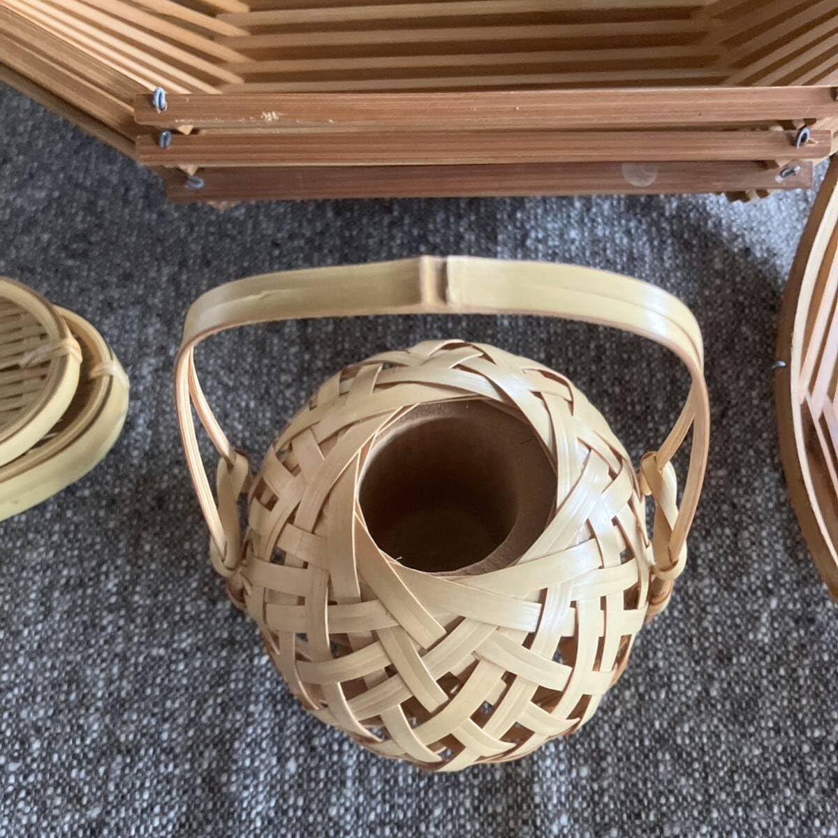 籃胎漆器　お盆　果物籠/菓子器　茶托　5枚　おしぼり受け　5個　計12点 おしぼり置き トレー 籃胎漆器 竹細工 5個セット B 竹細工菓子受けと