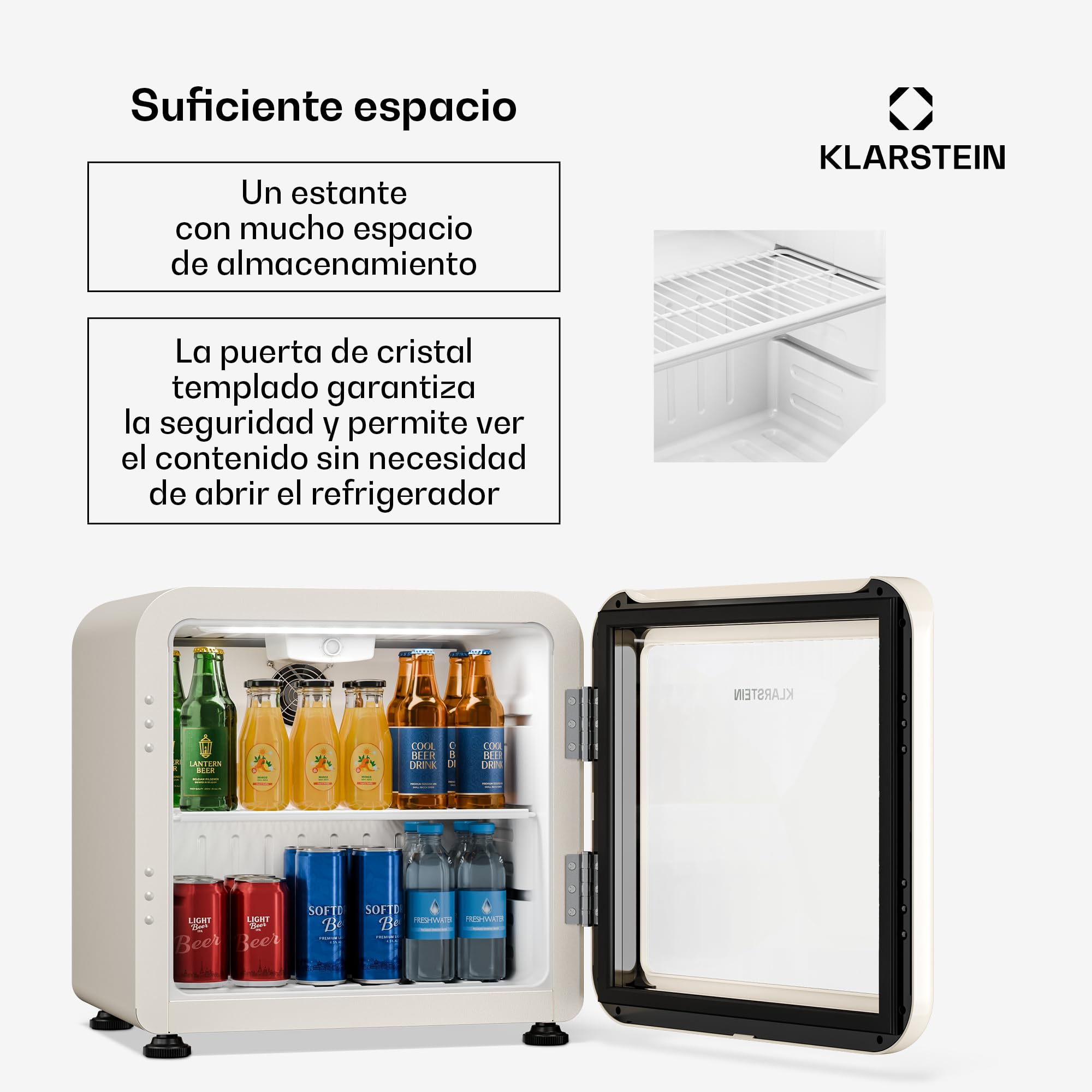 KLARSTEIN Nevera para bebidas Audrey Evo 45 L – Nevera para bebidas con puerta de cristal, luz LED, temperatura ajustable de 0 a 10 °C, funcionamiento silencioso