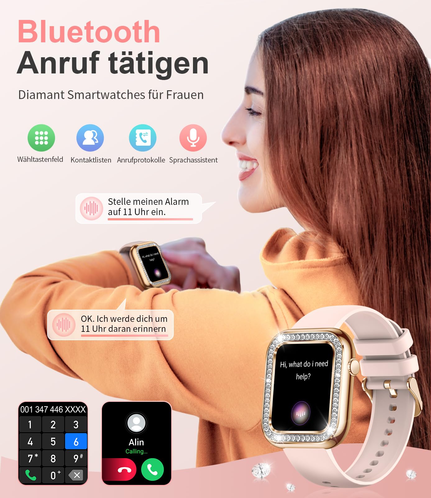 LIGE Smartwatch voor dames, bluetooth-oproepen voor Android iOS 1,19