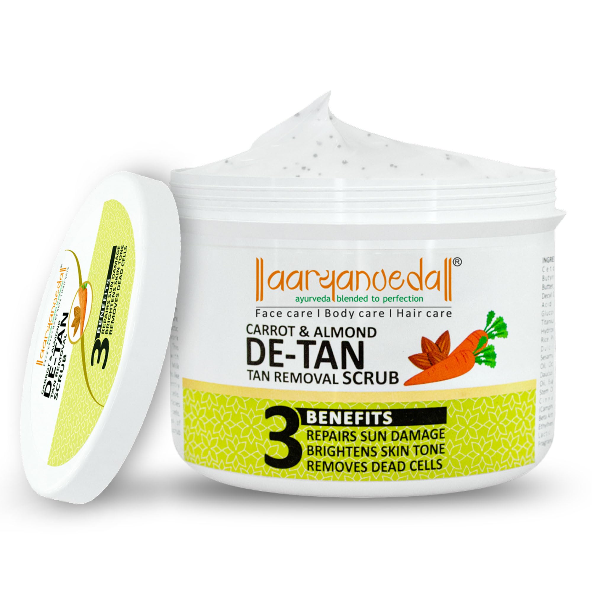 Aryanveda Detan Tan Removal Brightening & Revitalizing Face Scrub with Carrot and Almond, Gentle Exfoliation Smooth and Clear Complexion Suits All Skin Types For Women and Men 200g