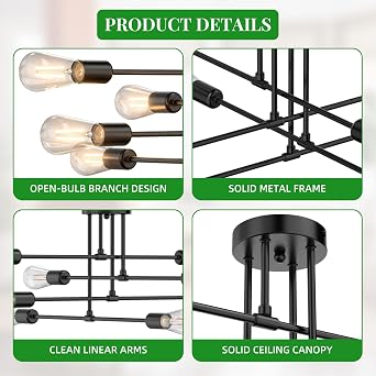 Phaosio Modern Sputnik Chandelier Ceiling Light Fixtures, 8-Lights Mid Century Industrial Metal Semi Flush Mount for Dining Room, Bedroom, Living Room-Black