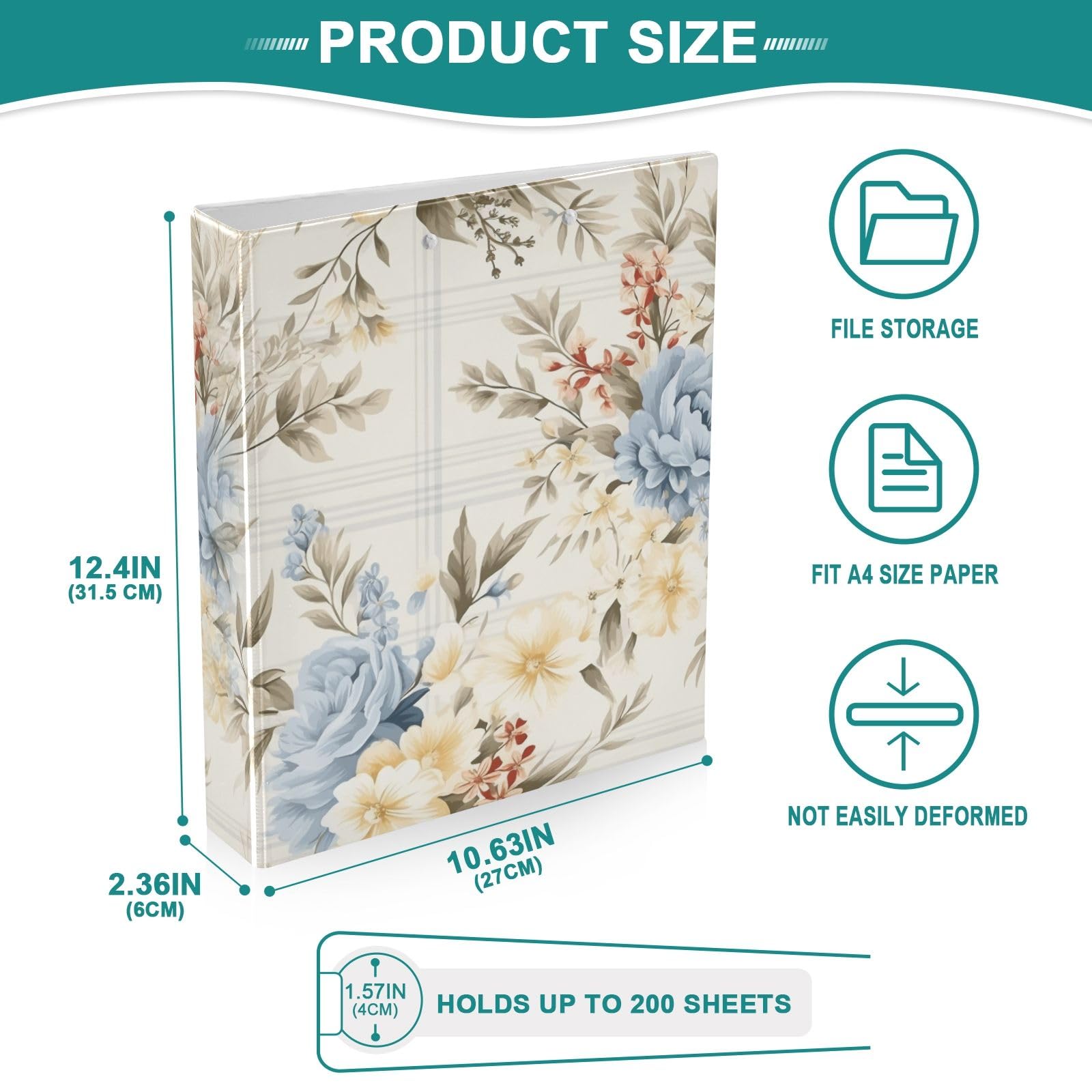 Classeur à 3 anneaux avec motif floral bleu à ressort de 3,8 cm - Anneaux ronds pouvant contenir 200 feuilles - Classeur à 3 anneaux avec clip en métal antidérapant