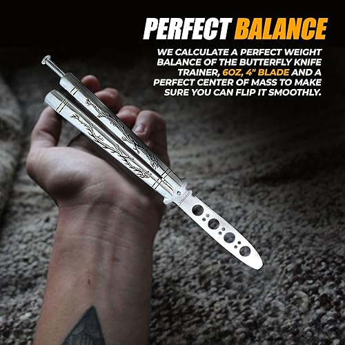 Miniatura 5 de cuchillo mariposa de práctica, hoja desafilada de acero inoxidable para entrenamiento, dragón negro (plateado)