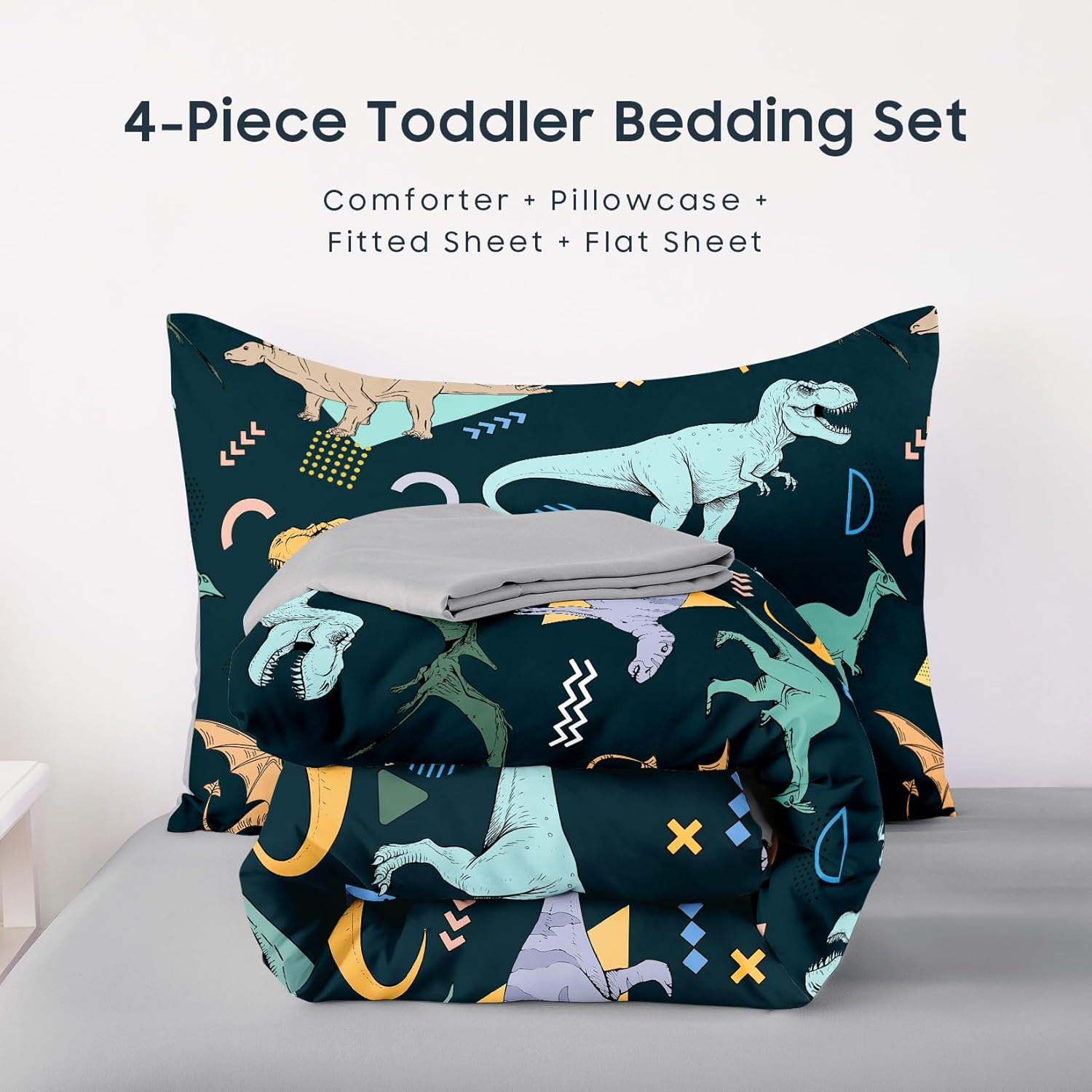 Wake In Cloud - Dinosaur Toddler Bedding Set for Boys, Jurassic Dino World Sketch, 4 Pieces Soft Crib Bed Set Including Comforter, Sheets and Pillowcase, Dark Green