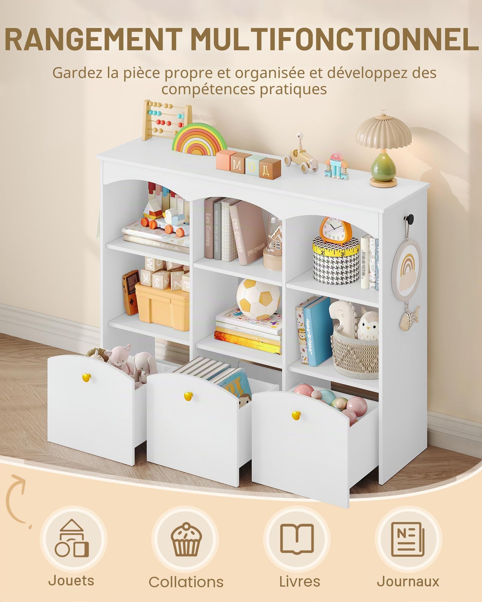 Hzuaneri Bibliothèque Enfants 6 compart 3 bacs Roul, 30 x 103 x 80 cm Blanc
