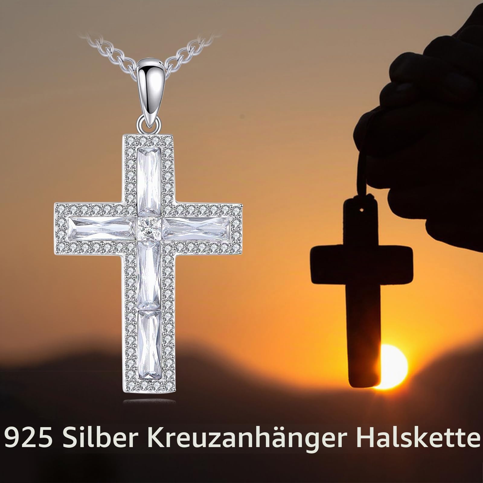 YFN Kreuz Halskette Sterling Silber Kubischer Zirkoniumdioxid Kreuz Anhänger Kette Religiös Schmuck Geschenke für Damen Herren (Weiß)