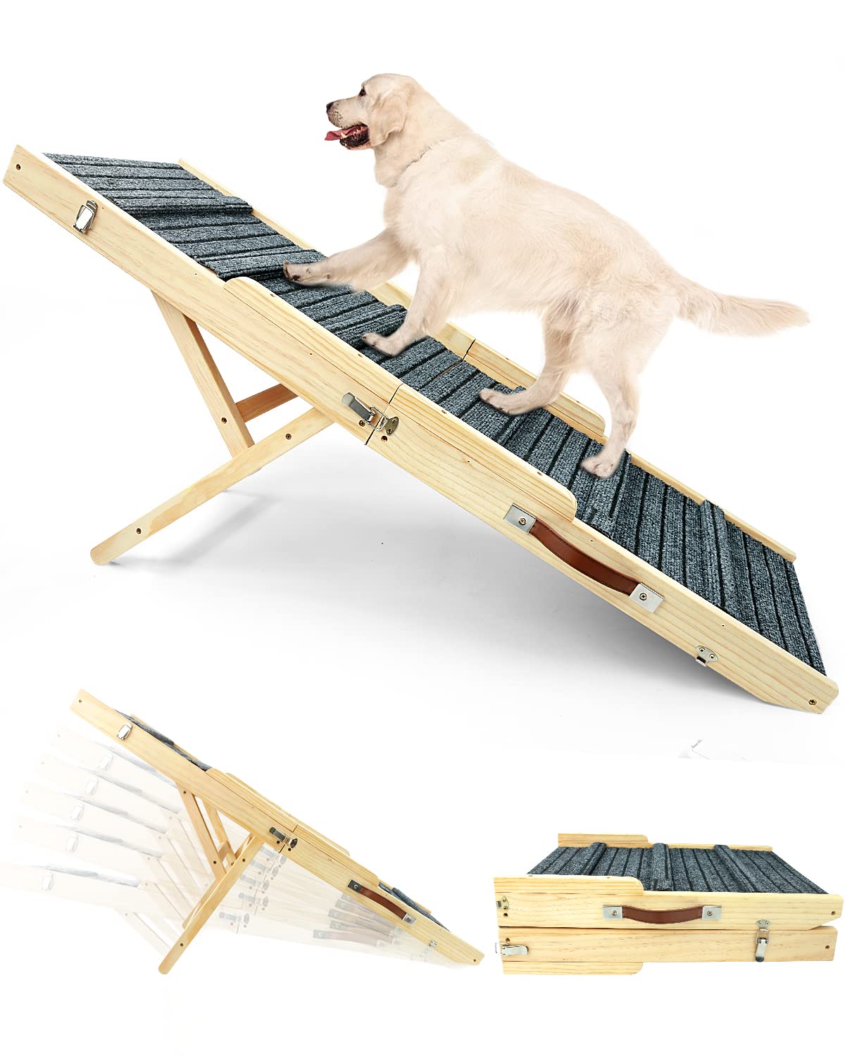 TNELTUEBLarge Dog Ramp, 47.2" Long and 15.8" Wide Wooden Folding Portable Pet Ramp, Adjustable from 11.8" to 29.5" with Non-Slip Traction Mat, Dog Ramps for Car, Bed, Couch, Rated for 150 LBS