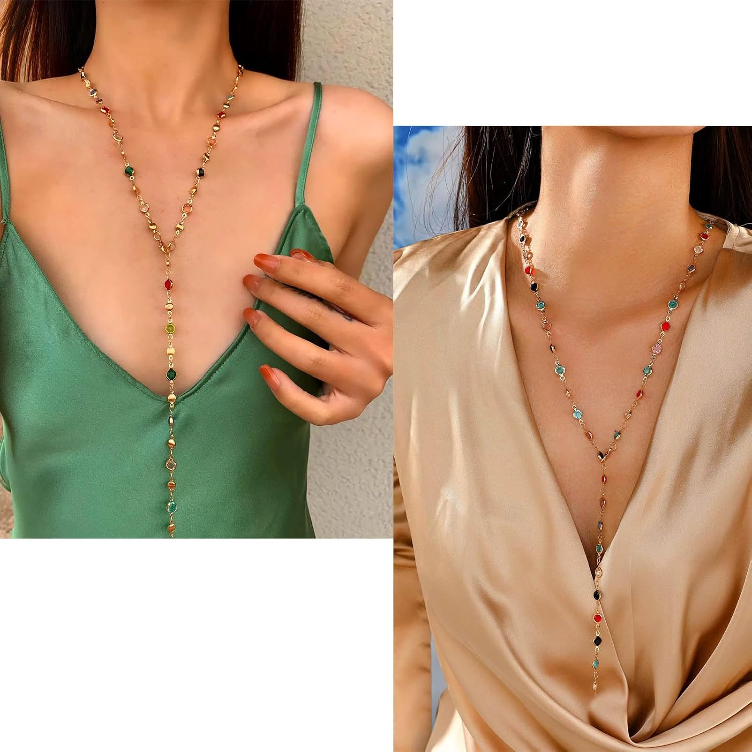 Colorful Rhinestone Y Chain Necklace Gold Long Crystal Y Lariat Necklace Rainbow Rhinestone Choker Necklaces Sparkly Long CZ Drop Chain Jewelry for Women - Image 4