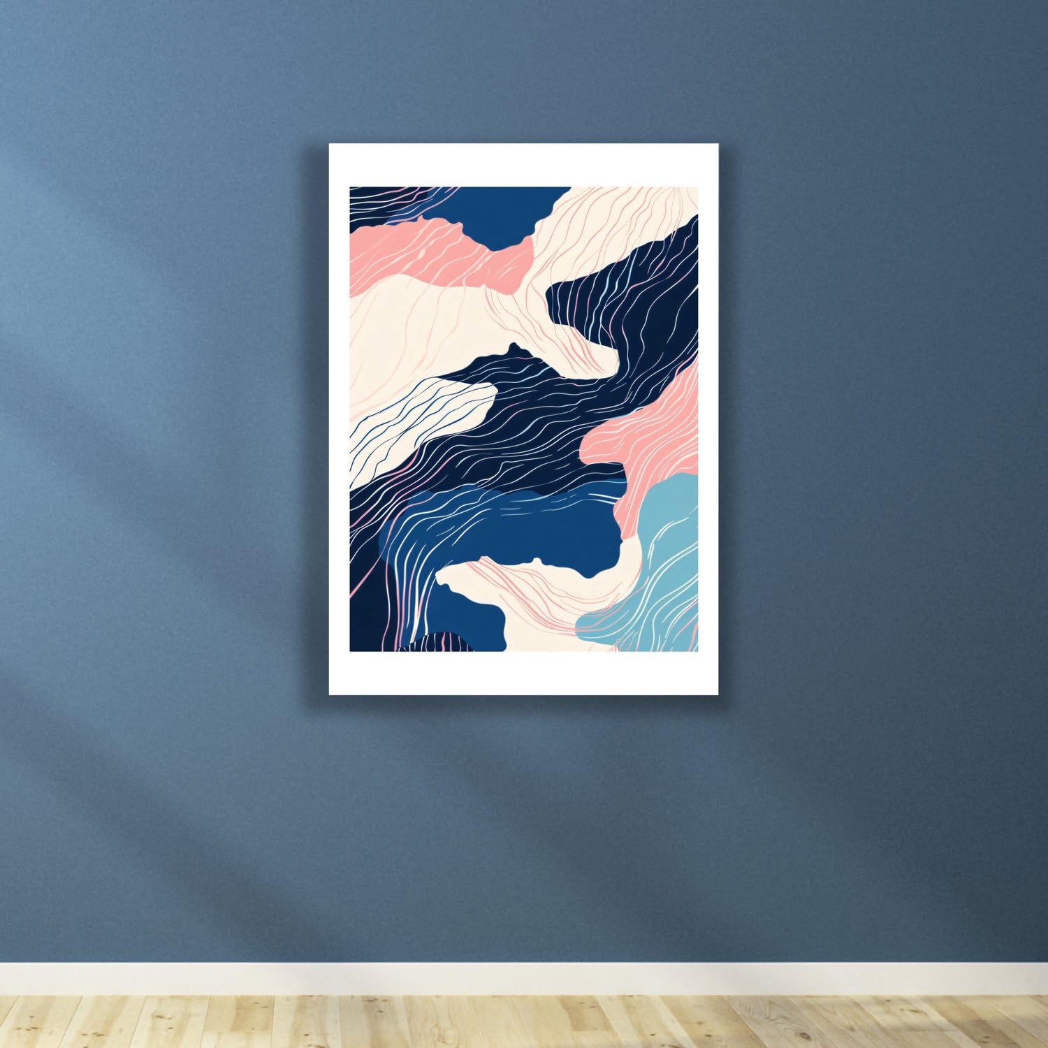 Spiffing Prints Contour Flow – Bleu marine et blush Topographique Abstrait – Ligne minimaliste moderne – Extra Large – Impression d'art semi-brillante