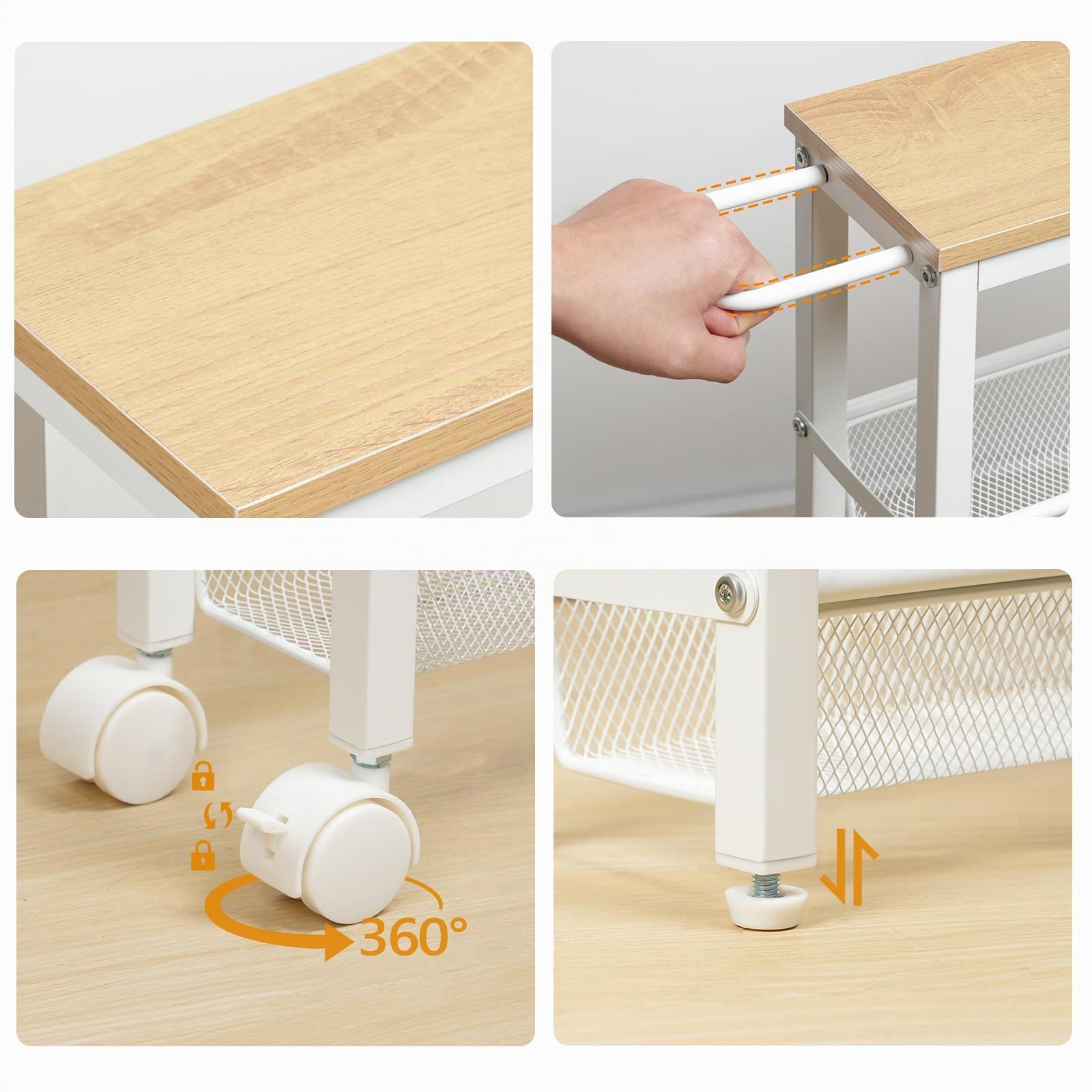 HOOBRO Carro de Servicio de 4 Niveles con Ruedas y Patas Ajustables, Carrito con Ruedas y Paneles Laterales, Carro de Cocina, Carrito de Bar, para Cocina, Salón, Blanco y Madera Natural EWN71TC01