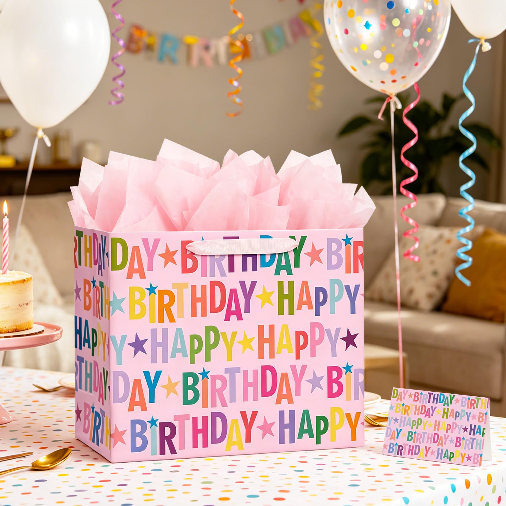 Juego de bolsas de regalo de cumpleaños extragrandes de 16.5 pulgadas con tarjeta de felicitación y papel de seda, diseño de letras coloridas para celebraciones de cumpleaños de niñas, niños y adultos