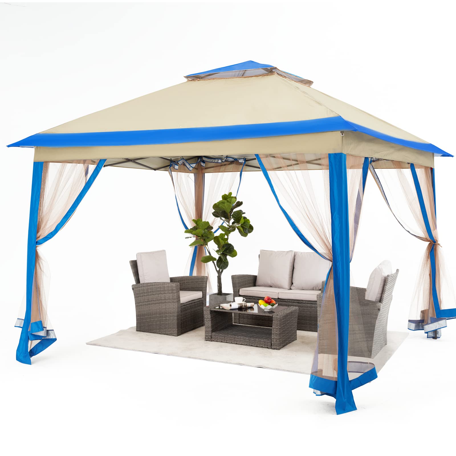 EROMMY 11' x 11' Pop Up Canopy Tent, Portable Easy Set-up Foldable Shelter Gazebo with Mosquito Netting and Curtains, Waterproof Soft Top Metal Frame Gazebo for Patio, Party, Garden, Blue