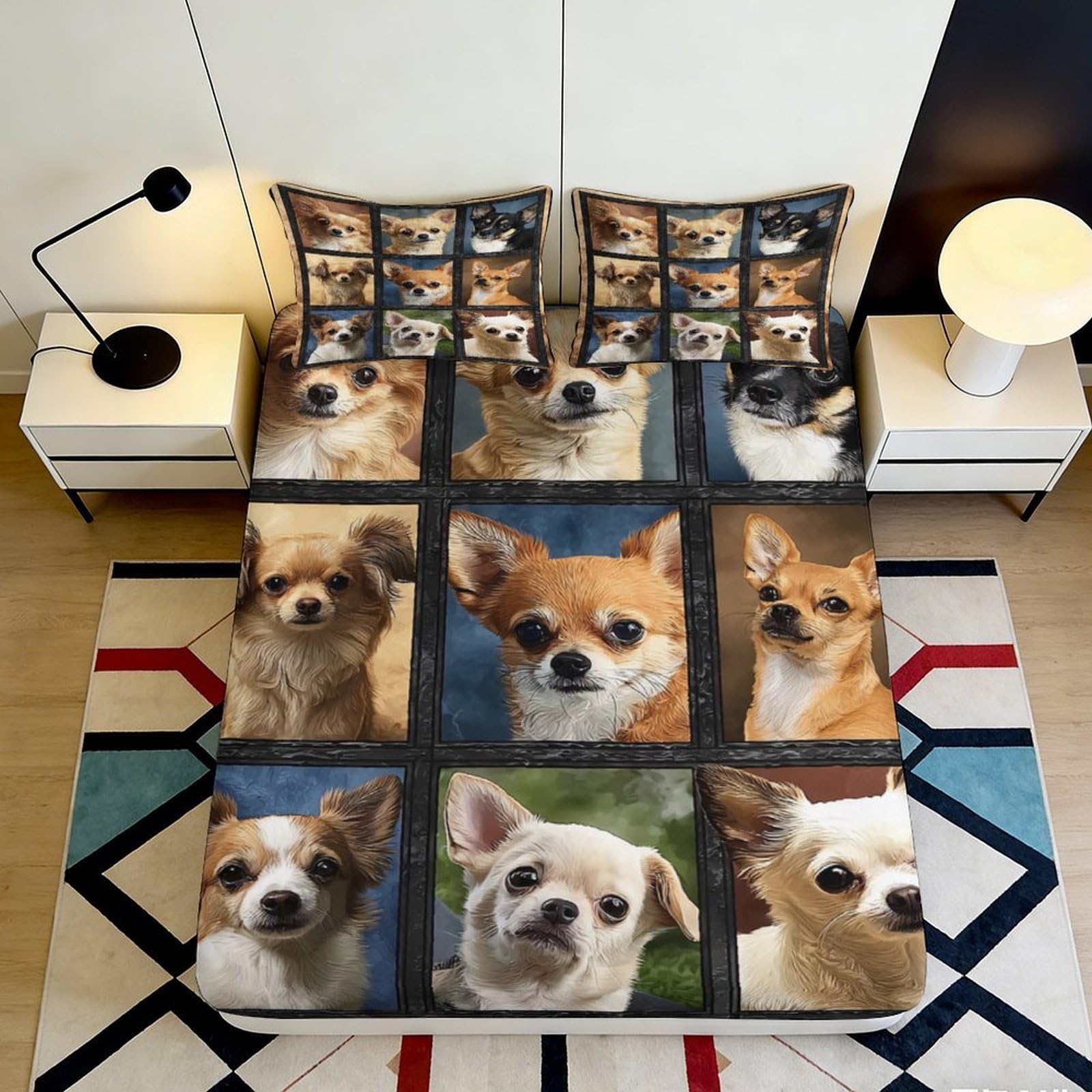 3D Printed Chihuahua Dog Pattern Fitted Sheet Microfiber Soft Breathable Puppy Bed Cover for Bedroom Guest Room Decor 90x200x25cm