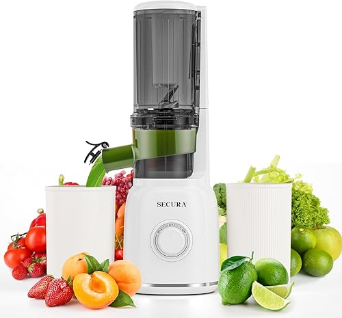 Secura Exprimidor de prensa en frío con punta de acero inoxidable en espiral y filtro sin malla, exprimidor lento con motor silencioso y función