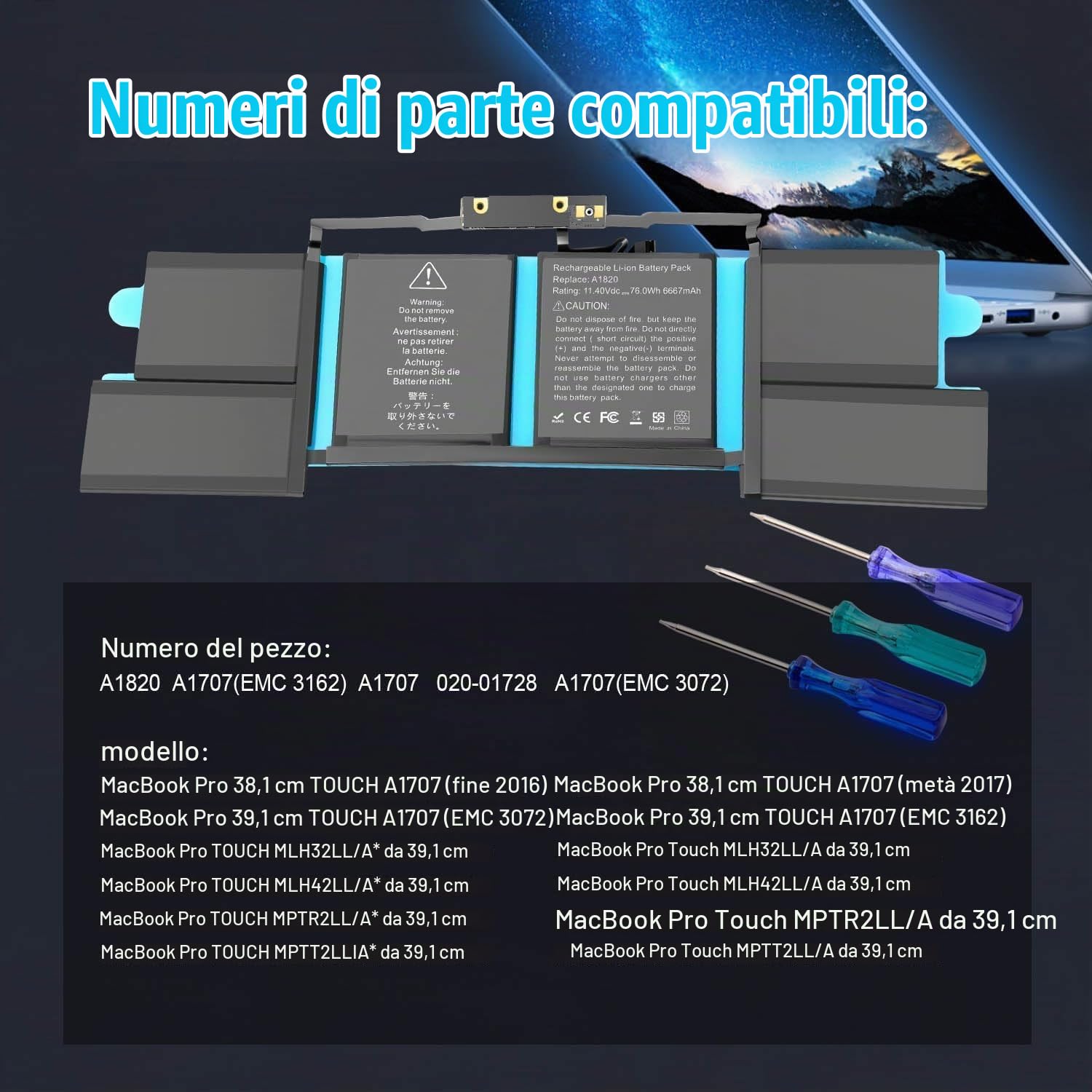 Batteria di ricambio per MacBook Pro 15" A1707 (2016,2017)