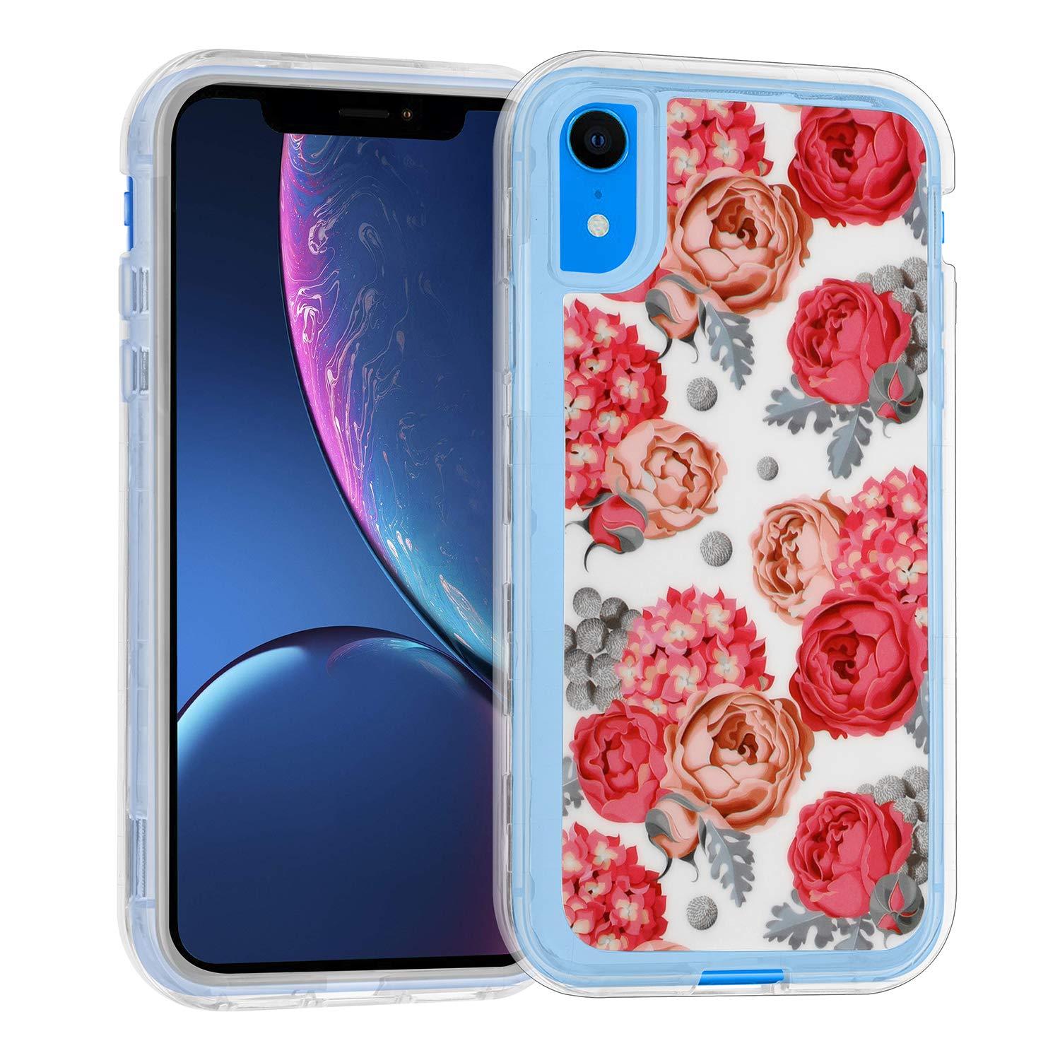 Co-Goldguard Case for iPhone XR Heavy Duty Flower Case 3 in 1 Cover Case Full Protective Rubber Bumper Shell with Front Cover for Apple iPhone XR 6.1”, Flower Clear