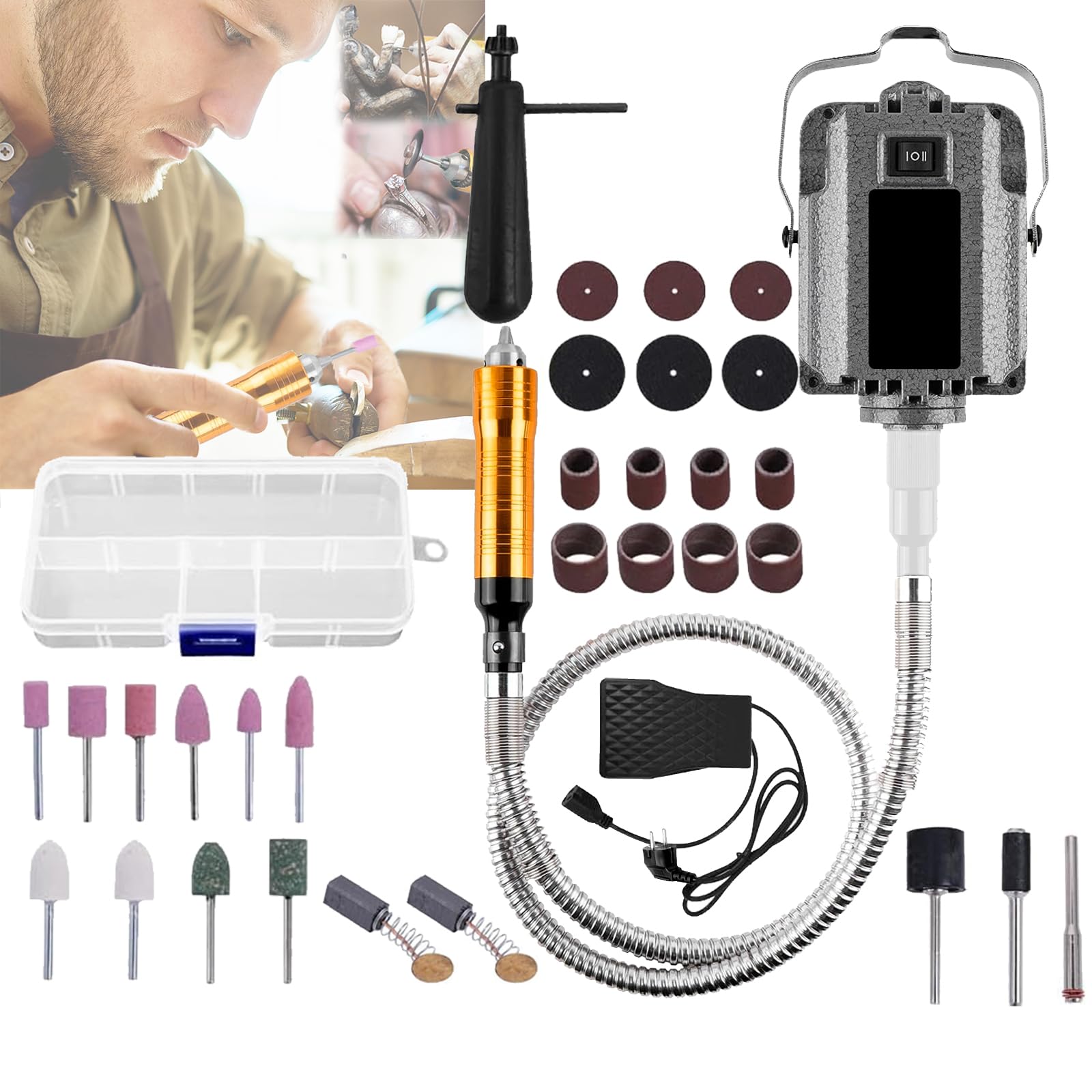 Pulidora, Micromotor Pulido Eléctrico 0-30000 Rpm 800W Herramienta Grabado Con Control Pedal Pulidora Eléctrica Para Laboratorio Joyería Cerámica Silicona Vidrio Tallado En Madera Pulido Dientes