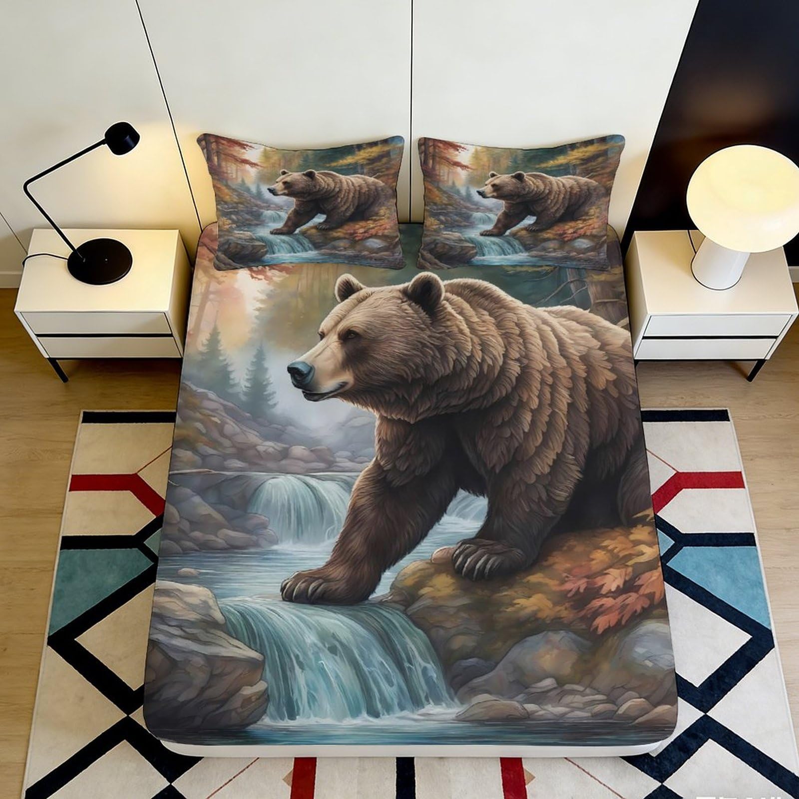 Jqzkxnhpbr Style-5 3D Printed Wild Brown Bear Fitted Sheet Microfiber Soft Waterproof River Forest Mattress Cover For Bedroom Dorm Decor 90X200x25cm