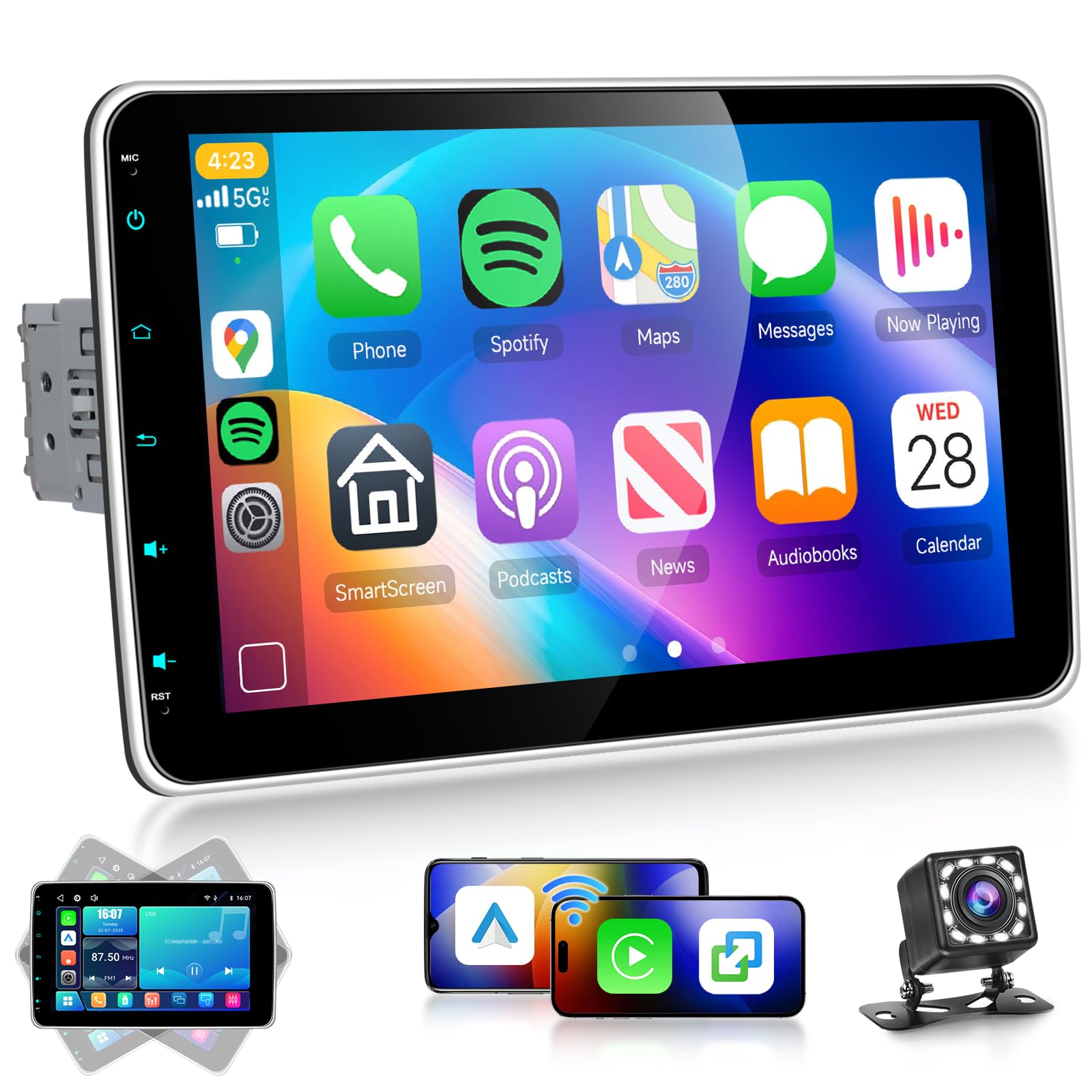 Hodozzy Radio 1 DIN con 10 Pulgadas Ajustable Pantalla Táctil, Radio de Coche 1 DIN con Inalámbrico CarPlay Android Auto Mirror Link, Reproductor con Bluetooth, Radio FM, Vídeo línea, USB/Tipo C, EQ