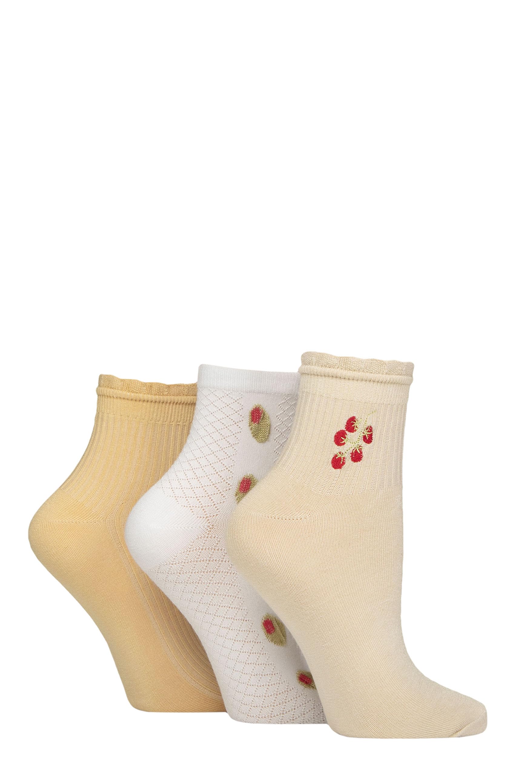 ELLE Ladies Bamboo Anklet Socks –3 Pack, Frill Cuff, Embroidered Motifs, Ribbed & Textured Weaves, Soft Breathable Cooling Material, Size 4–8 (UK, Numeric, 4, 8, Regular, Regular, Tomato Olive)