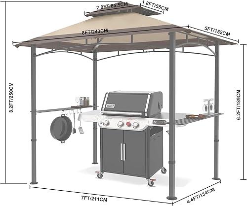 Miniatura 2 de MASTERCANOPY Gazebo de parrilla de 8 x 5 pulgadas, toldo para barbacoa al aire libre con 2 luces LED (costura marrón caqui)