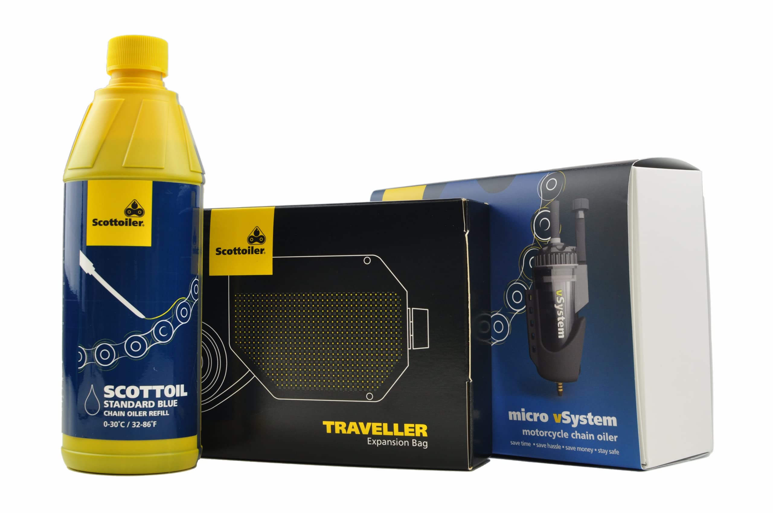 Scottoiler Essentials - Micro-vSystem - Lubricador Automático de Cadena de Motocicleta con Extensor de Alcance Traveller y Recarga de 500ml de Scottoil Azul Estándar - BUNDLE Kit de Largo Alcance
