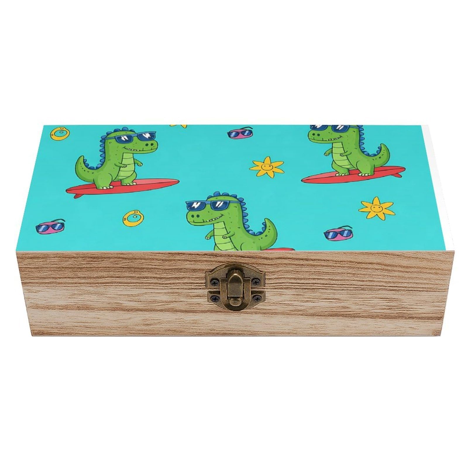 SMAZDFXX Skateboard Dinosaur Wooden Storage Box With Hinged Lid Decorative Front Clasp Keepsake Boxes