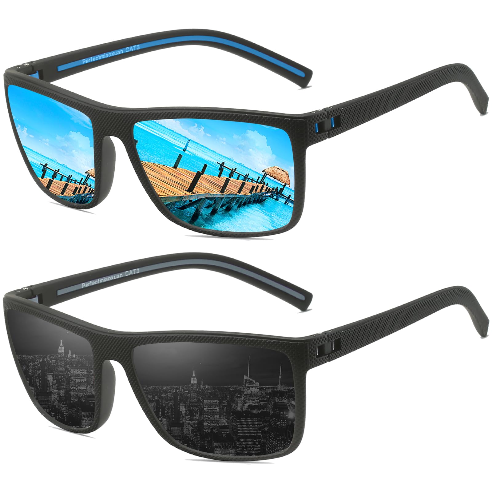Perfectmiaoxuan Gafas de sol Piloto polarizadas hombre y mujer Verano Vacaciones futuristas Pesca Conducción TR90 marco Protección UV cuadrado gafas de sol Sunglasses