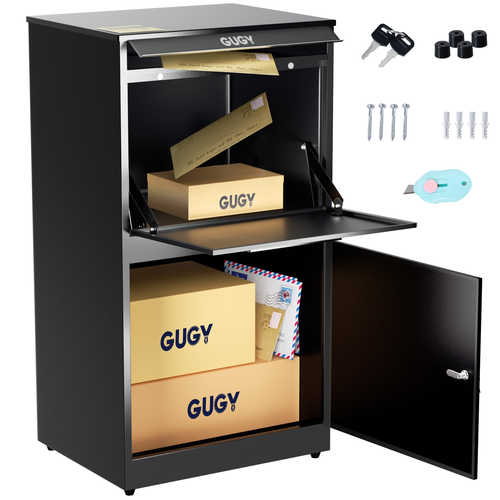 Photo 1 of Package Delivery Boxes for Outside, Secure Parcel Drop Delivery Mailboxes, Anti-Theft Baffle with Lock, Galvanized Steel IPX3 Waterproof for Porch Curbside Courtyard, Black 19x15x35inch 5.77 Cu.Ft