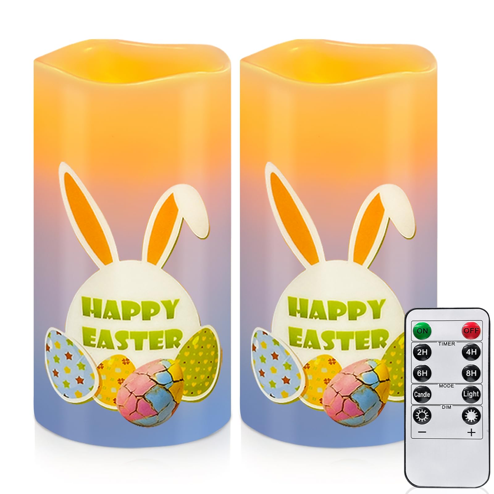 Maxspce 2 Stück Ostern LED-Kerzen mit Fernbedienung & Timer, Echtwachs Flammenlose Kerzen mit Eiern & Hasen,Batteriebetrieben Osterdeko für Camping Zusammenkunft Wohnzimmer (A-Ostern)