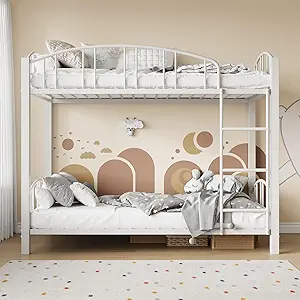 Bunk Bed Twin Over Twin with Stairs and Arched Guardrail, Sturdy Metal Slats Support, Space Saving, Noise Free, No Box Spring Needed, Ideal for Kid Room and Dorm, White