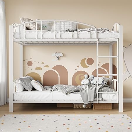 Bunk Bed Twin Over Twin with Stairs and Arched Guardrail, Sturdy Metal Slats Support, Space Saving, Noise Free, No Box Spring Needed, Ideal for Kid Room and Dorm, White