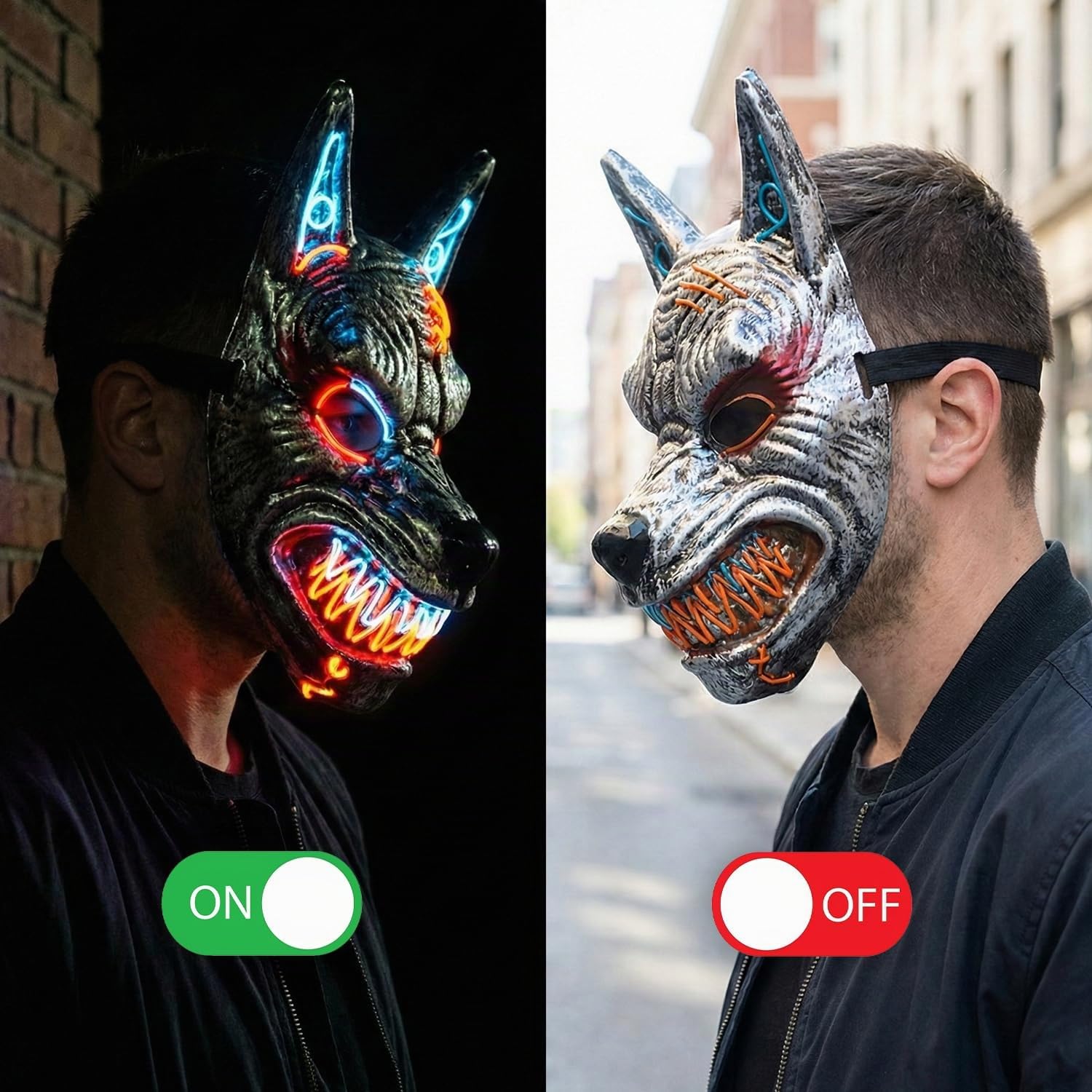 Original Cup Maschera LED Uomo Lupo | Plastica rigida | 3 modalità lampeggianti | Maschera LED di Halloween | Neon | 100% Orrore | 100% Divertimento
