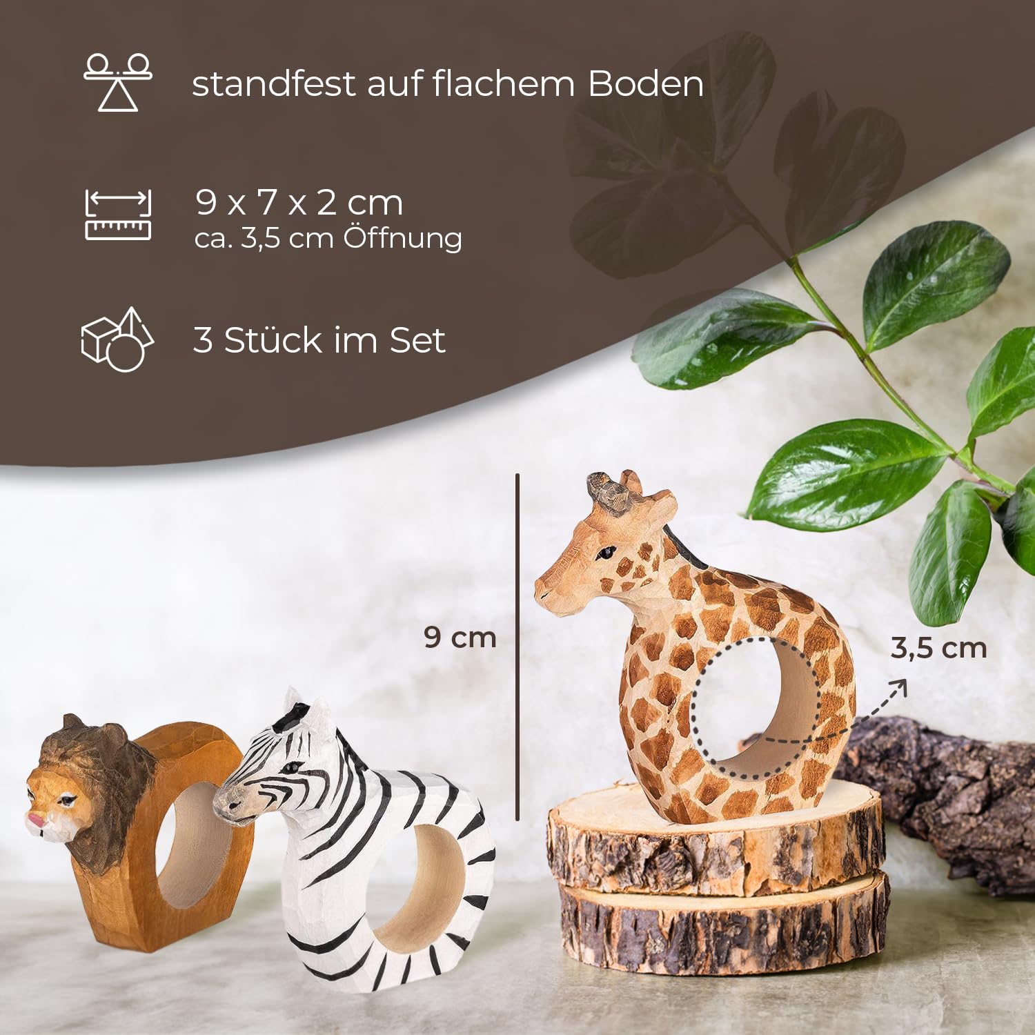 Serviettenringe|Handgeschnitzt|Tierdesign - Löwe, Zebra, Giraffe|3er-Set|aus Holz|Handbemalt|Vielseitig einsetzbar|mit Standfestem Boden|9x7x2 cm