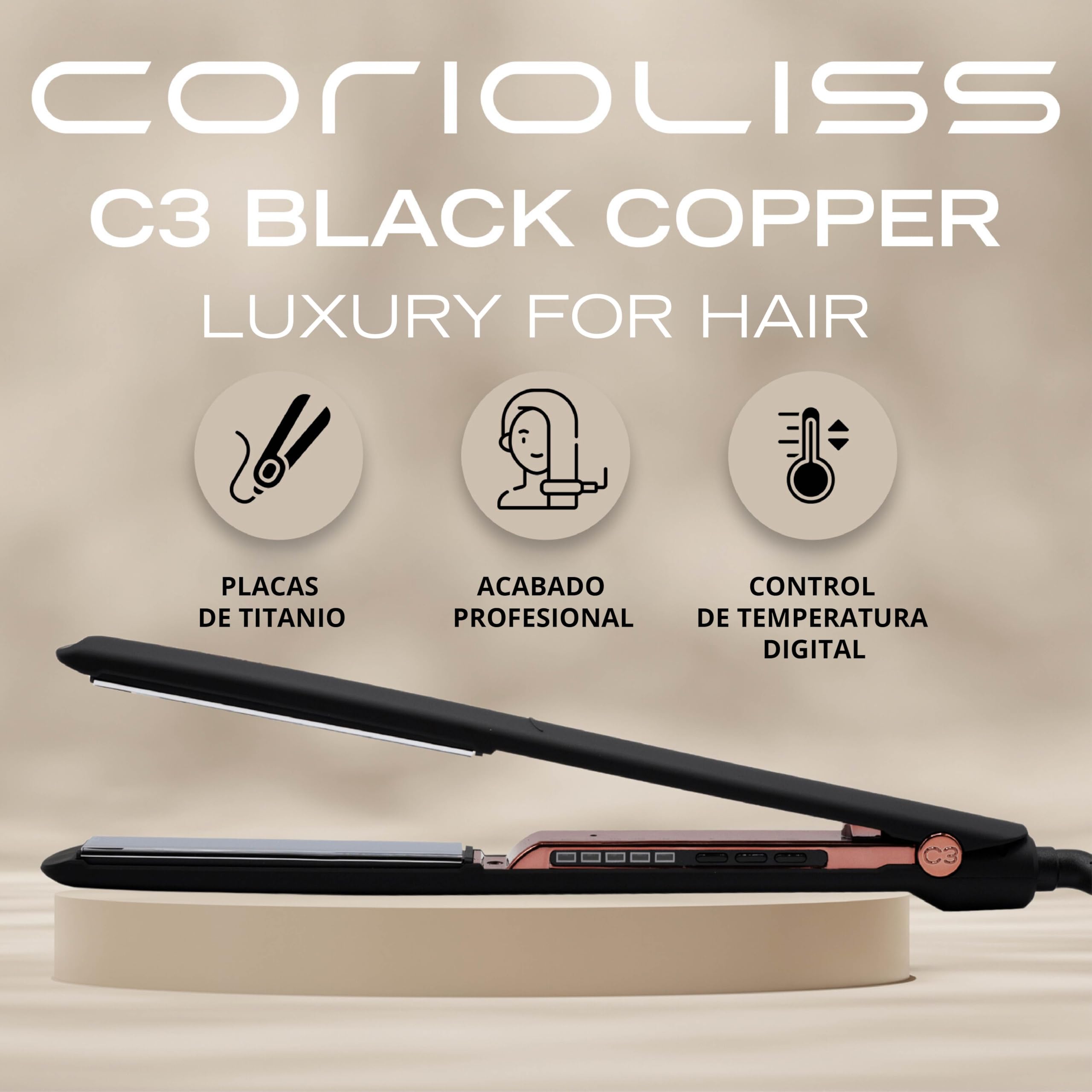 Corioliss C3 | Plancha del pelo Profesional | Placas extralargas de titanio | Alisado y Ondas | Temperatura ajustable 135º-235º | Calentamiento 20 seg | Con funda de Viaje | Black Copper