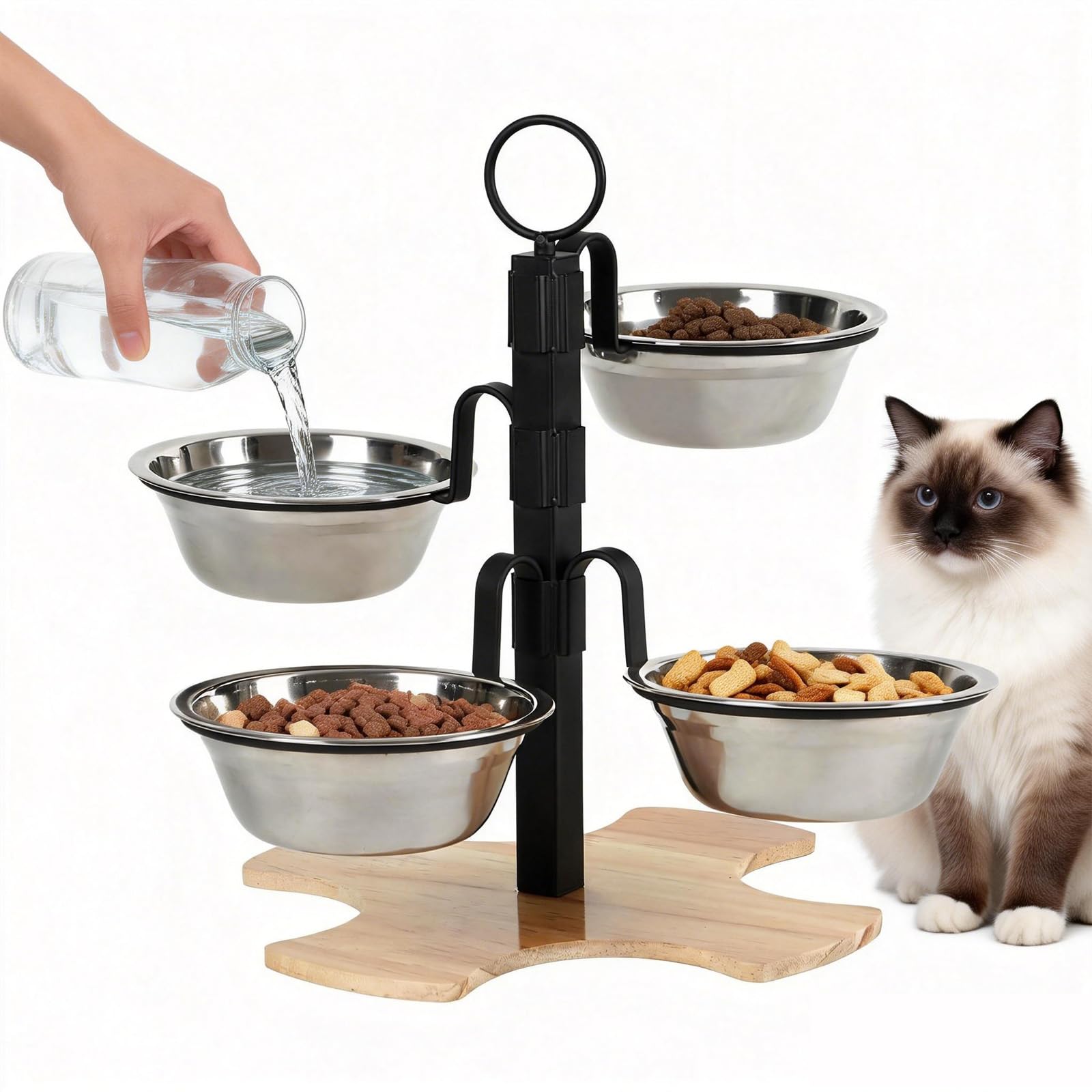 Cat Feeding Station with 4 Stainless Steel Bowls, Adjustable Elevated Cat Bowls with Stand, 3-Height Raised Pet Feeder for Indoor Cats & Small Dogs, Cat Bowl Rack