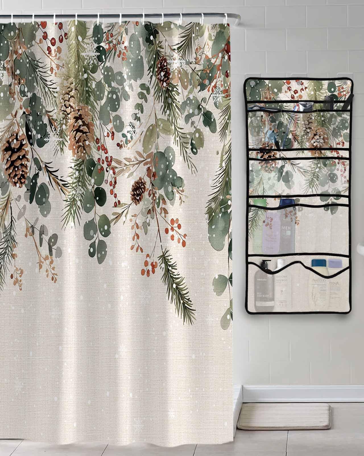 Decorative Shower Curtain Sets Christmas Polyester Fabric Waterproof Shower Curtains Winter Eucalyptus Leaves Snow Berry Beige Mesh Shower