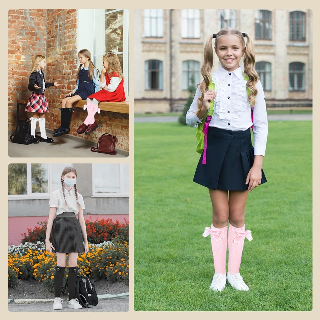 PALAY® 3 Pairs Stockings for Girls, Bow Knee High Socks Stockings for Kids, Fashion Overknee Long Socks for Baby Girls 3-10 Years, 16.5in Cotton Lolita Socks for Skirt, School Uniform (All Season Use) - Image 7 thumbnail