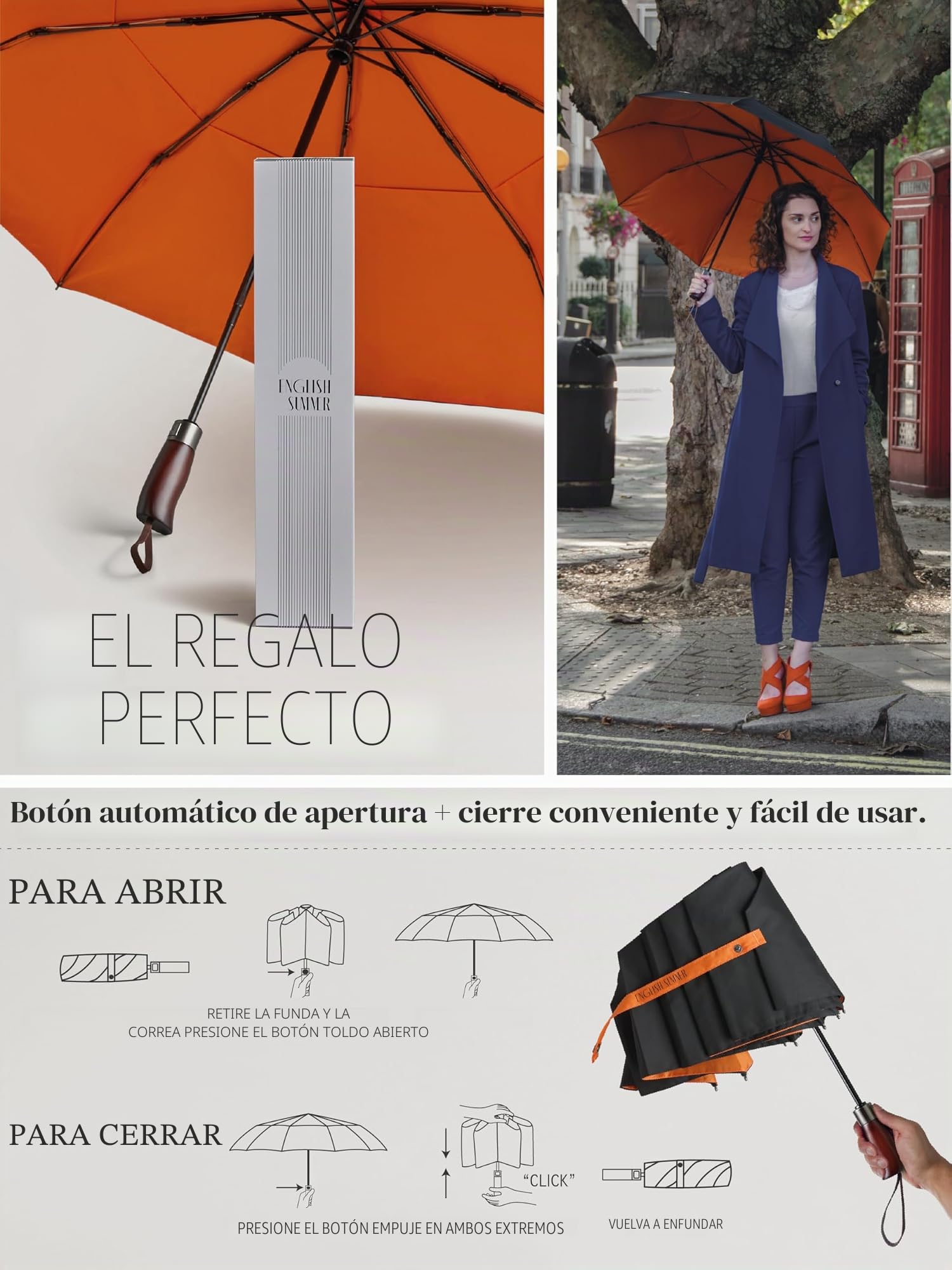 ENGLISH SUMMER Paraguas de lujo resistente al viento para la lluvia: fuerte, automático, doble ventilación, plegable portátil, toldo extragrande, calidad, mango de madera real