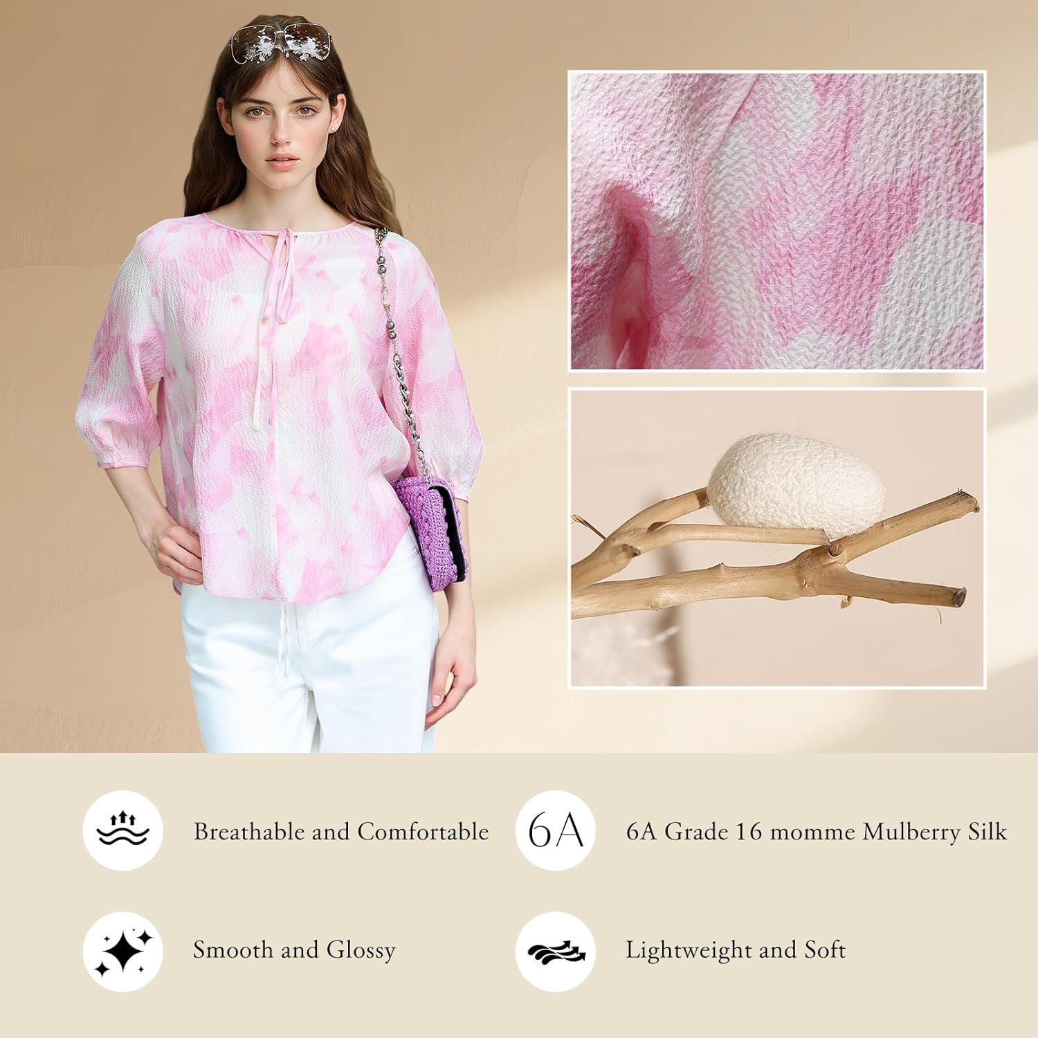 Women's Pure Mulberry Silk Blouse Dressy Casual 3/4 Sleeve Tie Neck Button Down Shirt Spring Summer Work Floral Top - Image 4